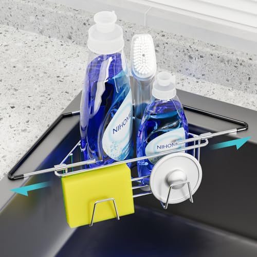 NiHome Ausziehbarer Arm Edelstahl Küchenspüle Eck Caddy, Platzsparender Justierbarer Schwamm Halter Für Alle Spülen Typen, Rutschfest Rostbeständig Für Bürsten, Seife, Schwämme