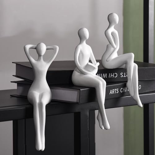 Quoowiit White Thinker Statue Unique Ornament Sculpture, Art Modern Home Decor Accents Bookshelf Decor, Creative Table Decorations for Living Room Desk 3 Piece
