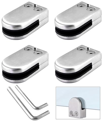 QitinDasen 4 Stück 10～12 mm (L Größe) Edelstahl Glasklemmen, 304 Edelstahl Glashalter, Einstellbare Glasklemme Halterung Flacher Rückseite, für Treppe Balustrade Handlauf (Silber)