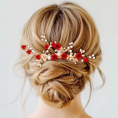 Foyte Haarkamm mit Kristallblume, rote Rose, Kopfschmuck, goldfarben, Brautperle, Haarschmuck für Damen