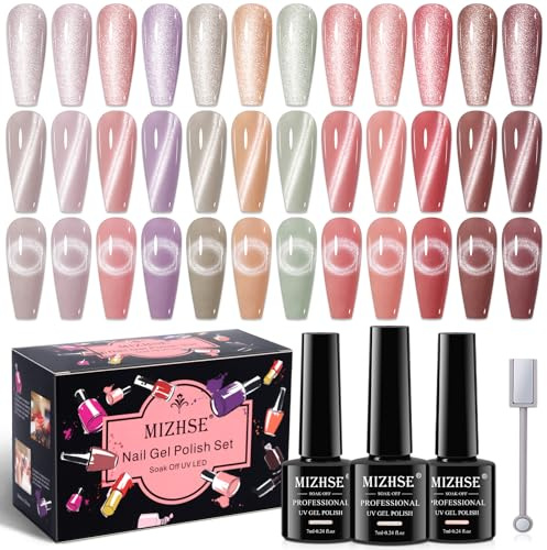 MIZHSE Cat Eye UV Gel Set mit Magnetstift Rosa Blau Braun 12 Farben Cateye UV Gel, Magnetic Nagellack Glitzer Langanhaltender, Gels Nagellack Set Soak Off UVs Gels für DIY-Maniküre Art 7ML 12er Pack
