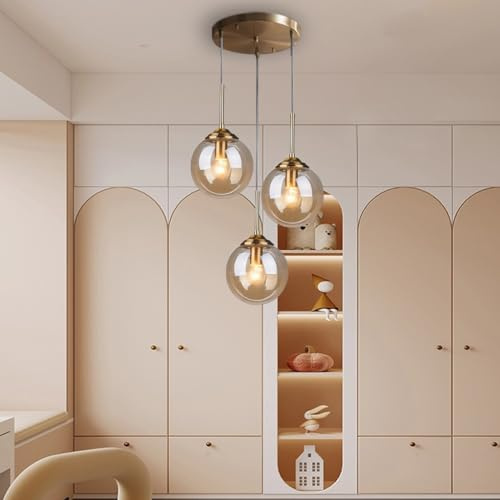 RuiRfh Pendelleuchte Retro Tischlampe klare Glaskugel Hängelampe antike Bronze Aufhängung 3 Licht Kronleuchter im industriellen Stil höhenverstellbar für Kücheninsel Esszimmer Wohnzimmer Café Bar Pend