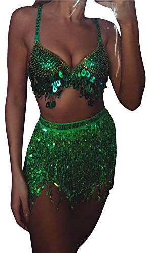 Pailettenrock Für Damen Quaste Glitzer Rock Kurz Sexy Mini Skirt Bauchtanz Hüftrock mit Elastische Taille Party Lametta Fransenrock Karneval-Rave-Outfit für Frauen und Mädchen