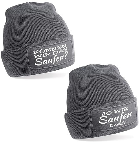 Herzbotschaft 2er Set Beanie Strickmütze mit Spruch | Können wir das Saufen? Jo wir Saufen das | grau | Unisex SoftTouch angenehm weiche und warme Wintermütze | OneSize Einheitsgröße für Erwachsene