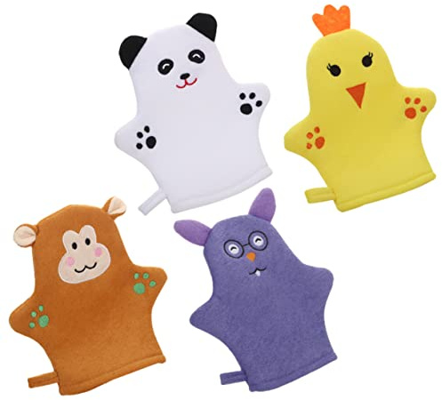 GOOHOCHY 4 Stück Kinder Badehandschuhe Cartoon Peelinghandschuhe Für Empfindliche Haut Hautfreundlich Schäumend Für Sanfte Körperreinigung Und Badzubehör