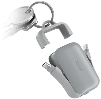 Rolling Square Tau Power Bank Nyckelring med batteriladdare för mobiltelefon, digitalt visitkort med NFC/QR-kod, 2 000 mAh, kompatibel med Usb C, Micro USB och Lightning, grå