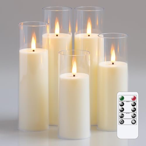 Yeelida Akril Flammenlose flackernde LED-Kerzen mit Fernbedienung und Timerfunktion, batteriebetrieben 5,5cm x 12,5 15 17,5 20 20cm Kunststoff-Kerzen für Heimdekoration (Langlebig, Elfenbein)