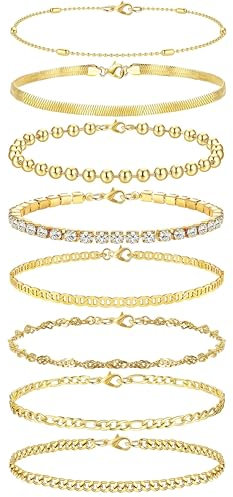 JeweBella 8 Stück Armband Damen Gold Armbänder Set 14 Karat Vergoldet Armkette Damen Edelstahl Armband Set Verstellbar Twist Figaro Tennis Armband Wasserfester Modeschmuck Gold Schmuck Damen