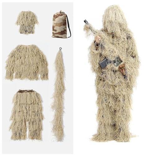 HAZARA 5 in 1 Ghillie Suit Ropa De Caza De Camuflaje 3D Disfraz De Arbusto Incluyendo Chaqueta,Pantalones,Capucha,Bolsa De Transporte para Fotografía De Caza Al Aire Libre,DryGrass-Kids