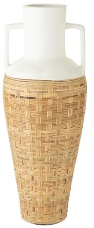Vase Amphore avec Tissage Rotin Bali 100cm Blanc & Naturel