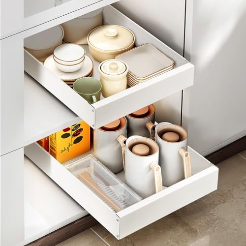 Otauoaea Tiroir Coulissant - Bac et Panier Coulissant pour Placard de Cuisine, Tiroir Telescopique Blanc sans Perçage pour Rangement de Cuisine