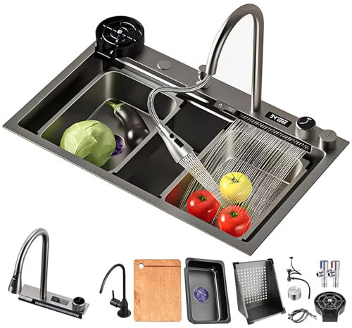 DSMRLEOP Workstation per lavello a cascata da cucina - con rubinetto a cascata, sottobicchiere pressurizzato e accessori per lavastoviglie, lavello grande a vasca singola in acciaio inossidabile a cas