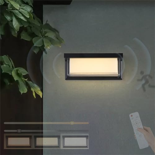 Dimmable Applique Exterieur Solaires LED Longue Lumiere Solaire Étanche IP65 Applique Murale avec Télécommande Éclairage Murale avec Détecteur de Mouvement Pour Jardin Terrasse Cour Garage (28CM)