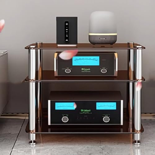 ZIUSFAC Glas Regal AV-Medienständer Audio-/Video-Medienregal TV Rack HiFi Regal Audio Schrank Für DVD-Player/PS4/Kabelboxen AV-Regal Streaming-Geräte(Brown,3 Tier)