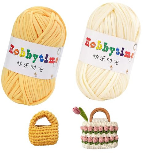 Luckwaii T-Shirt Garn Stoff Bändchengarn Handstrickgarn, 2 Farben x 100g Dickes Garn Häkelgarn für Taschen, Körbe, Anfänger Crochet Yarn, DIY-Kunsthandwerk (Weiß, Gelb)