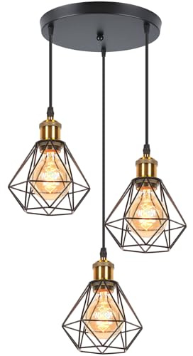 TOKIUS 3-flammig Hängelampe Retro Pendelleuchte Industrial Lampe Käfig Schwarz 16CM Lampenschirm aus Eisen mit E27 Fassung Messing Vintage Hängeleuchte für Küche Wohnzimmer (Pendellampe, Rondell)