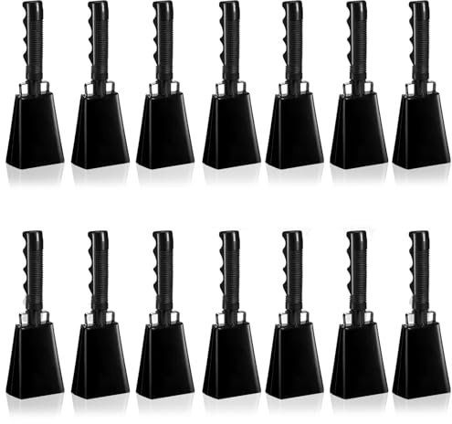 14 Pcs Large Cow Bell 9 '' Cowbell with Handle Cowbells Black Hand Percussion Musical Instruments Alarm Call Bell Sports Events Cheering Hand Cowbells for Games Party Cheering Supplies