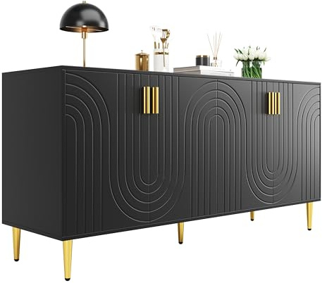 Azkoeesy Sideboard 152 x 40 x 75 cm - Schwarz mit goldenen Griffen und Beinen - 4 strukturierte Türen in Wellenform - Moderner Buffetschrank, Küchenschrank für Esszimmer und Wohnzimmer