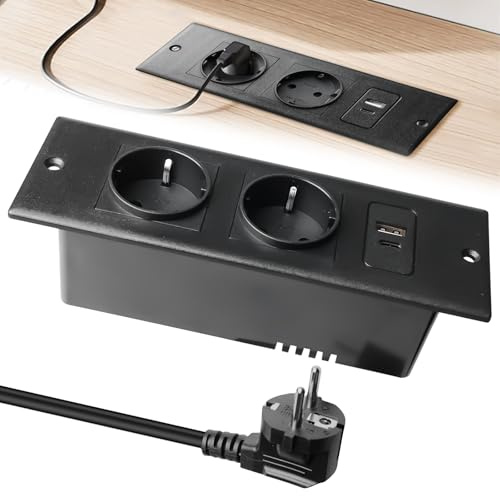 Versenkbare Steckdose, Tischplatte Steckdose mit USB C, 2 Fach Einbausteckdose mit 1.5m Kabel, Tischsteckdose Steckdosenleiste, Mehrfachsteckdose für Konferenztisch, Arbeitsplatte, Sofatisch, Schwarz