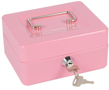 Money Tin Box with Key, Portable Cash Box with Coin Tray, Small Cash Tin for Home, Office and Events (Pink-small)