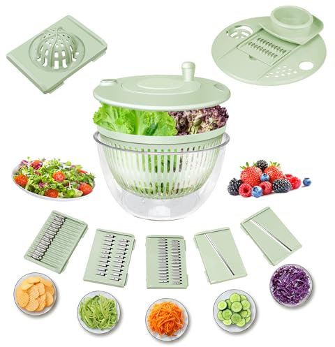 Lienffy Salad Spinner Large-5.3 Qt Vegetables Fruits Wash Bowl, Lettuce Dryer with 5 Blades, Egg Yolk Strainer Slicer Shredder for Kitchen Colander, Pasta and Fries Spinner-Green
