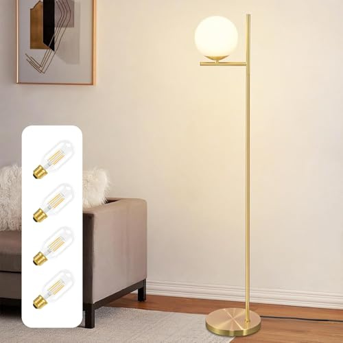 ZMH Stehlampe Wohnzimmer Modern Standleuchte 1 flammig Gold Glaskugel | Bodenlampe Metall Fußschalter Vintage Glas Stehlampe mit 4 × 4W E27 2700K Leuchtmittel Kabel 2M für Schlafzimmer Büro