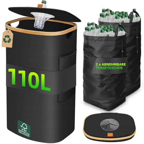 BBtang 110L Pfandflaschen Sammelbehälter Visualisierung, Pfandflaschen Behälter mit Deckel & 2 abnehmbaren Tragetaschen, Groß Pfandsammler, Leergut Sammelbehälter für Küche Und Abstellraum, Schwarz | Pfandflaschen Behälter mit Deckel & 2 abnehmbaren Tragetaschen, Groß Pfandsammler, Leergut Sammelbehälter, Schwarz