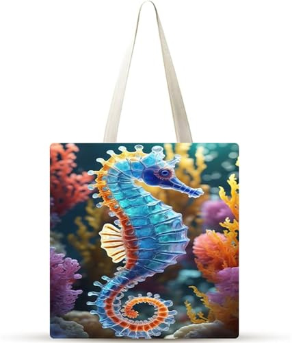 Caballito de mar del océano Bolsa de Lona 38x34cm Tote Bag sin Cremallera,juego de 1 Canvas Tote Bags para Mujer,Bolsa de Compras Plegable,Bolso de Mano Lavable para Compras,Vida Cotidiana,Viajes