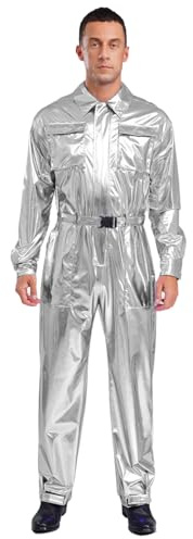Sywiyi Traje de una pieza para hombre, mono largo, brillante, traje de trabajo metálico, disfraz de discoteca, carnaval, plata, L