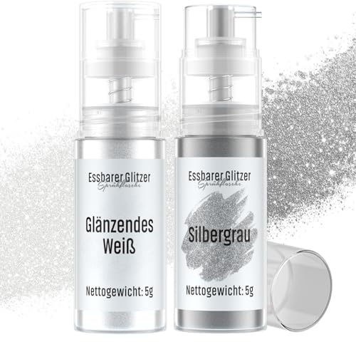 Essbarer Glitzer Spray Silbergrau & Weiß, Wwtop 2 Farben set Lebensmittel Glitzer für Getränke Puder Essbar für Backen, Erdbeeren, Cupcakes, Kuchen, Fondant, Cocktails, Schokolade (5g)