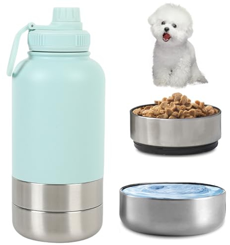 950ML 3 in 1 Hundetrinkflasche für unterwegs, Isolierte Edelstahl Trinkflasche Hunde für unterwegs mit Fressnapf & Wassernapf, Thermoflasche Hund für Reise Outdoor (Blau, L)