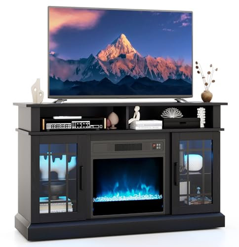 TANGZON Electric Fireplace Insert TV Stand, Freestanding Media Console Table Entertainment Center with 1800-2000W Heater & Remote Control (Black with Lights, 19 Fireplace,121x40x74cm for 50 TV)