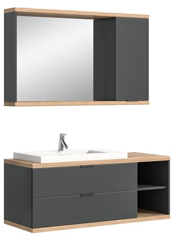 xonox.home – Badkombination Nuaro 130x160x48 cm in Anthrazit Grau und Nox Oak Nachbildung – Stilvolles Badmöbel-Set in moderner Holzoptik – platzsparend, durchdacht & hochwertig