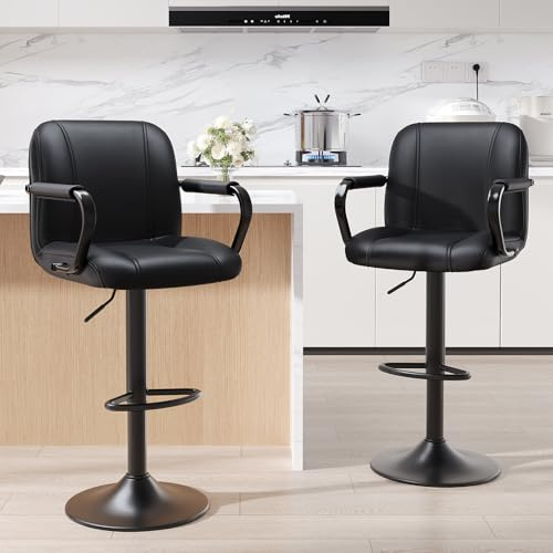 MALOL Set of 2 Modern Bar Stools with Backs - Adjustable High Chairs for Kitchen Island, Barstools for Home Bar, Island Stools, Sillas Altas para Barra de Cocina, Black PU Leather