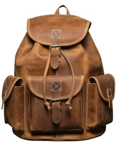 Schulranzen Umhängetasche aus Leder mit geschichtetem Rindsleder, personalisierter Reiserucksack, große Kapazität, Computertasche, Schultasche(Brown)