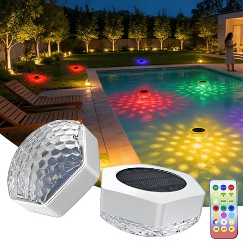Solar Pond Light with Remote, Floating Pool lights Solar Powered | 7 Colors with 3 Lighting Modes, Timer, IP68 Waterproof Hot Tub Lights for Pond Gardens Vase Base Spa Hot Tub Party kids