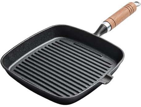 Gucagle Padella per bistecca in ghisa antiaderente con manico in legno Fondo ispessito da 8,7 pollici Riscaldamento uniforme Cottura interna perfetta per gli amanti della bistecca
