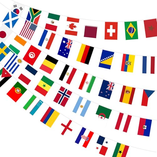 AhfuLife Banderines Copa Mundial, 8 Pieza Banderas de Mundo 48 Países Incluye Bosnia y Herzegovina, República Checa y Suecia, 20x28cm-21m Guirnalda de Banderas para la Copa Mundial