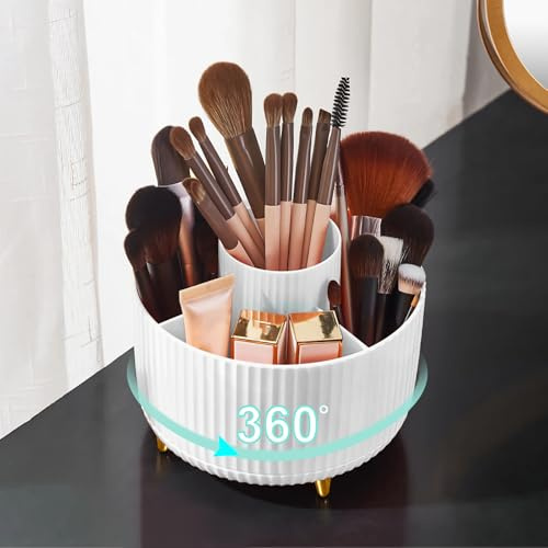 Diesisa Makeup Brush Holder: 360° Rotating Makeup Organiser | 5 Slot Makeup Brush Organiser for Cosmetics, Nail Polish, Art Supply, Bathroom Vanity Dressing Table Accessories- White