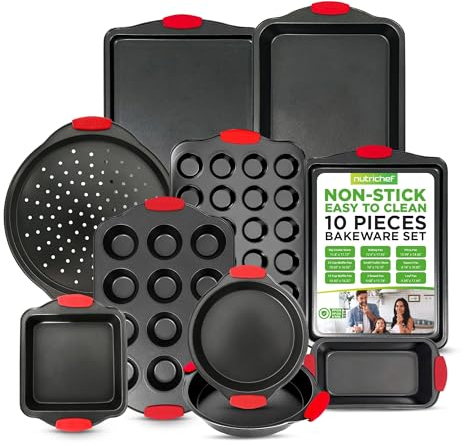 Nutrichef juego de 10 moldes, Utensilios horno, Baking set, Reposteria, Antiadherentes, Libres de PFOA, PFOS, PFTEE, Aptos para hornos hasta 230°C (450°F), Mangos de silicona