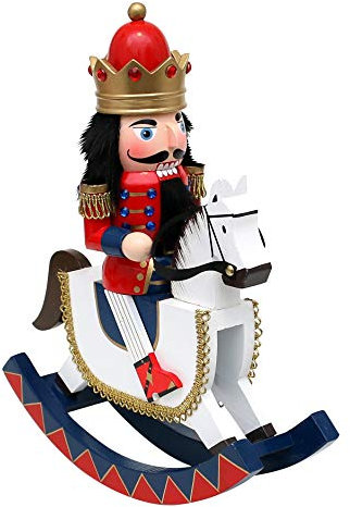 Dekohelden24 Wooden Nutcracker King on Rocking Horse in Red/White, 30 cm