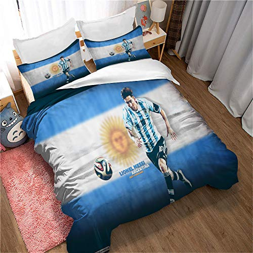Ste-X Fußball Lionel Messi Bettbezug Und 2 Kissenbezüge, Bettbezug Bettwäsche Für Kinder, Anti-Milbe, Mit Reißverschluss Für Einfachen Austausch (135 x 200 cm,Stil 04)