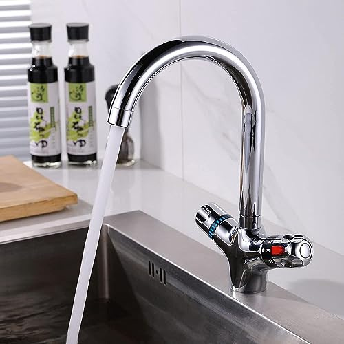 chicstyleme Waschbecken Armatur mit Thermotat Thermostatbatterie Spültischarmatur Niederdruckarmatur Mischbatterie Wasserhahn mit Zweigriff Drehknopf | J-Auslauf Wassersparender Wasserhahn
