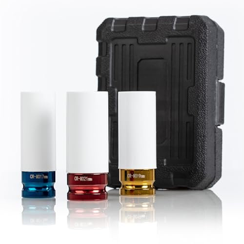 NTG 3tlg Steckschlüsselsatz 1/2 Zoll Schoneinsätze für Alufelgen 17 19 21 mm Schlagschrauber Nüsse Cr-Mo Schonnüsse Radwechsel Felgenschutz Set mit Kunststoff-Einsatz im Koffer