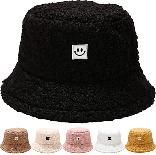 Damen Fischerhut Winter Pelzig Fischerhut Bucket Hat Winter Wärmer Eimer Hut Flauschige Fischermütze für Damen Mädchen Einheitsgröße Schlapphut Elegant Glockenhut für Outdoor Wandern Reisen (Schwarz)