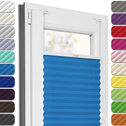 Estika Plissee ohne Bohren, Premium Klemmfix - 75cm Breite x 200cm Höhe - Blau - Metal Plisseehalter ohne Bohren, Modern Sichtschutz für Fenster, Jalousien Fenster für innen
