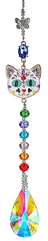 H&D HYALINE & DORA Attrape-soleil en cristaux strass en forme de visage de chat avec papillon à suspendre à la fenêtre, ornement de prismes colorés en cristal arc-en-ciel, cadeau décoration d'arbre de