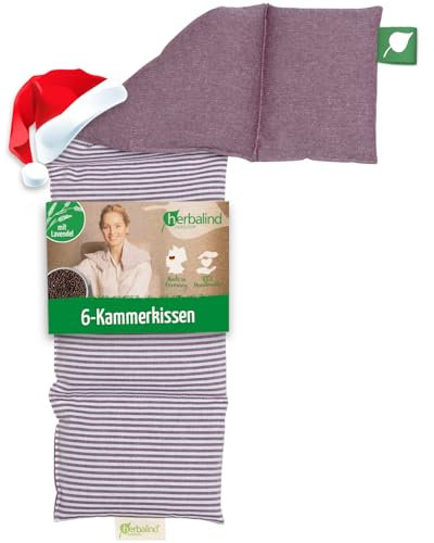 HERBALIND 6-Kammer Aroma Wärmekissen Körnerkissen Lavendelkissen - für Schulter Nacken 66x15 cm in Streifen/lila - 100% Baumwolle OEKO TEX Rapssamen- und Kräuterkissen Mikrowelle geeignet