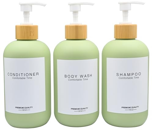 Gails Willing Shampoo and Conditioner Bottles, Refillable Shampoo Bottles with 6 Waterproof Labels, Apothecary Dispenser for Shampoo Lotion Oil Shower Soap Hand Soap and Dish Soap (Matcha Green)