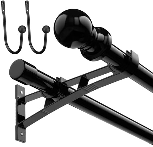 Double Curtain Rods 28 to 145 Inch Black 1 Inch Heavy Duty Dual Curtain Rod Set for Windows Drapery Rod Splicing Rods Adjustable Decorative Curtain Rod for Bedroom, Window, Patio, Sliding Glass Door